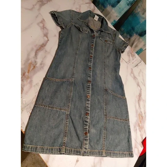 vintage Old Navy denim Dress Y2K fashion era short-sleeve denim shirt dress Sz 6 - Picture 1 of 15